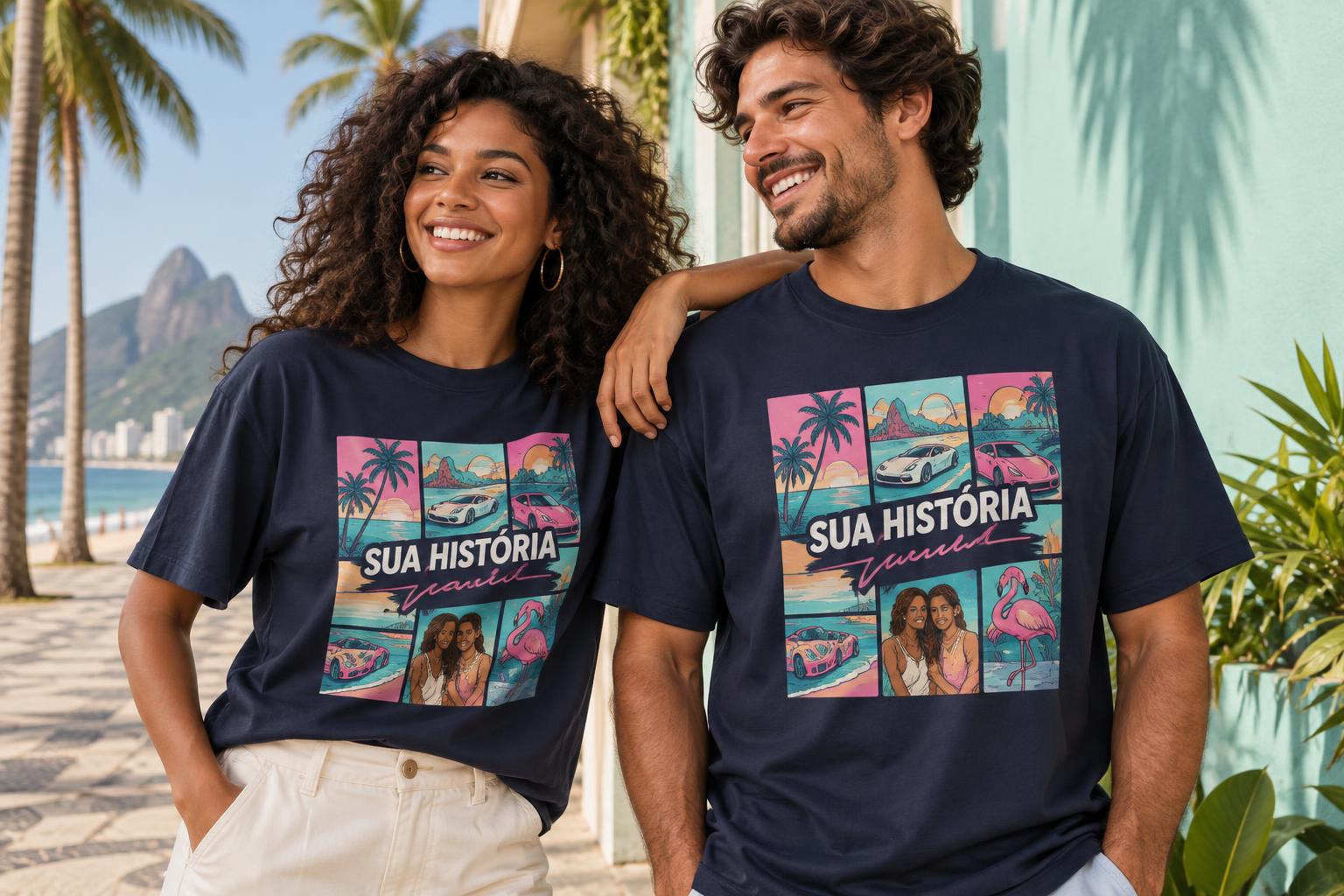 Exemplo ilustrativo de duas pessoas usando camisetas com estampa tropical