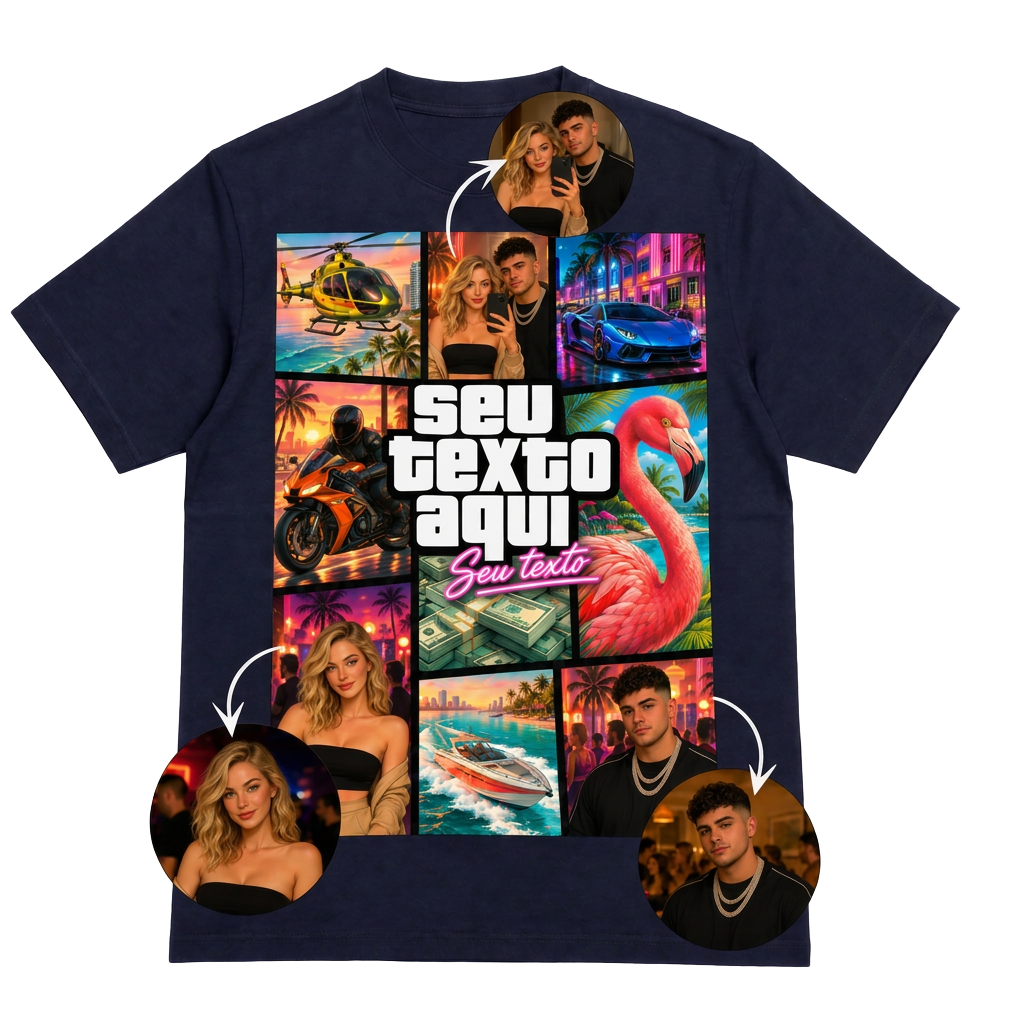 Camiseta VICE TEE azul-marinho com nove painéis tropicais, fotos de referência e texto personalizado